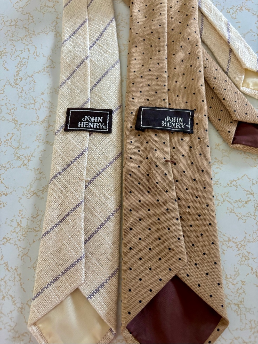 2 John Henry ties. Ivory and Lavender and brown with black dots. Preloved